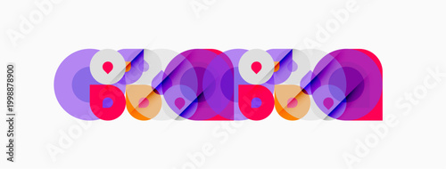 Abstract geometric shapes overlap, creating colorful patterns. Design features circles, curves, vibrant hues, modern aesthetic.
