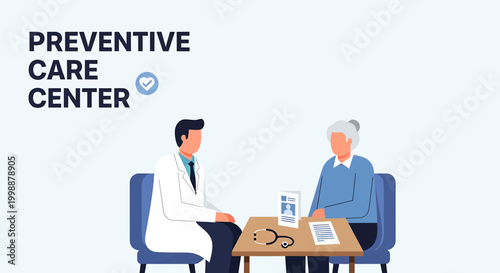 Doctor consulting with elderly patient at preventive care center, health checkup