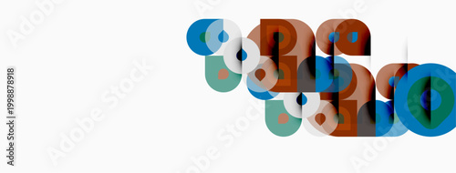 Abstract geometric shapes overlap, creating colorful composition. Teal, brown, blue hues dominate white background. Modern design element.