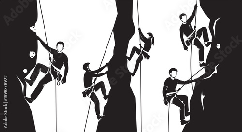 Rock climbing, climbers silhouettes, rappelling, mountaineering, adventure graphics, black and white vector icons