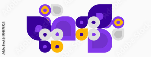 Abstract shapes, purple, yellow circles overlap white background. Modern design, playful composition, simple geometry.