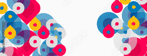 Abstract colorful circles overlap, creating dynamic visual pattern. White space dominates center area. Modern design elements present.