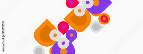 Abstract colorful shapes overlap, creating dynamic composition. Circles, squares, rectangles present vibrant visual experience.