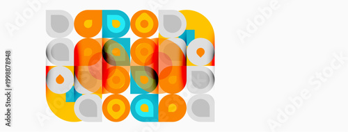 Abstract geometric pattern. Circles, squares overlap creating colorful design. Modern aesthetic, vibrant hues dominate composition.