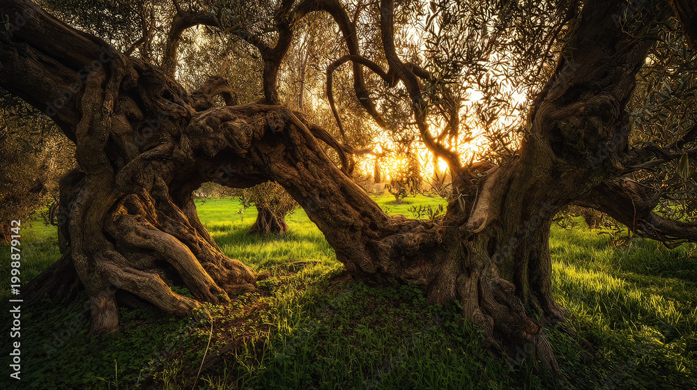 Fototapeta premium bark. Ancient olive tree with twisted, powerful branches under the golden light of sunset, deep shadows. inspiring travel planning, gardening catalogs, designed for gardening and botanical catalogs. 