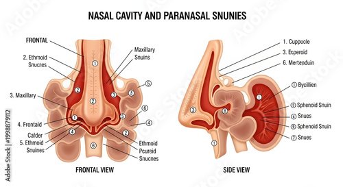 Detailed anatomical diagram of the human nasal cavity and paranasal sinuses, featuring comprehensive frontal and sagittal views to illustrate the complex internal structures