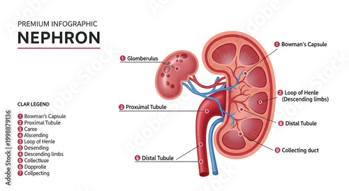 Diagram of a Nephron, the Functional Unit of the Kidney, Illustrating its Components and Blood Supply for Medical and Educational Purposes
