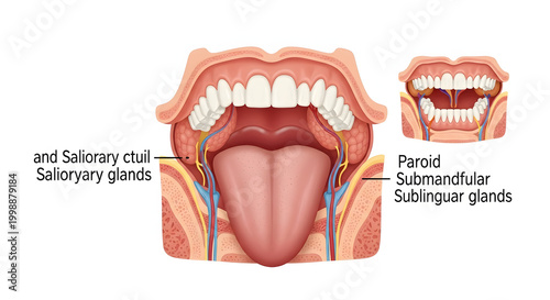 Detailed anatomical diagram illustrating the human oral cavity, tongue, and major salivary glands, highlighting their location and interconnected structures within the mouth
