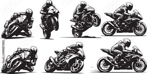 Motorcycle riders, racing bike illustrations, black and white vector graphics, 7 poses