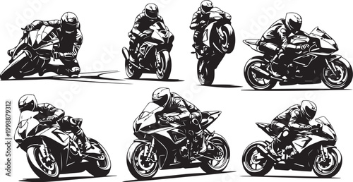 Motorcycle riders, bike illustrations, racing graphics, vector set