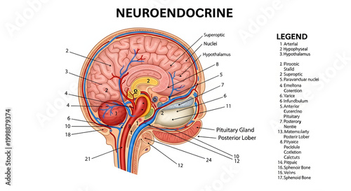 Detailed anatomical illustration showcasing the intricate human neuroendocrine system, highlighting key brain regions and glandular structures responsible for hormonal regulation