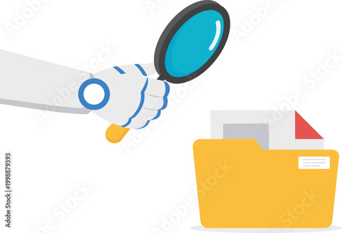 Robot analyzing a document folder with a magnifying glass