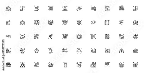 Protest icon set. Vector illustration pack featuring vote, ballot, megaphone, speech, sign, flag, empowerment, debate and more. Editable stroke.