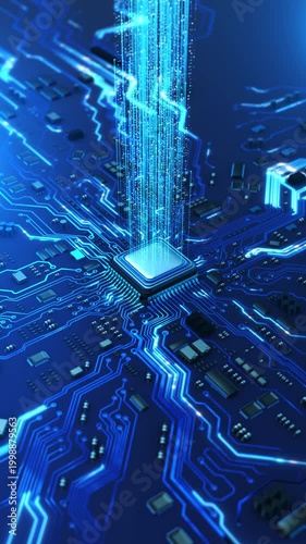Futuristic AI Accelerated Chip Connection. Next Generation Microchip Activating Powering Up System. High Performance GPU For Generative Artificial Intelligence Computing. Futuristic CPU Processor Chip