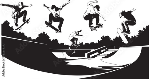 Skateboard, skateboarder, action, sports, vector icons, black and white, athletic, extreme, tricks, skate park