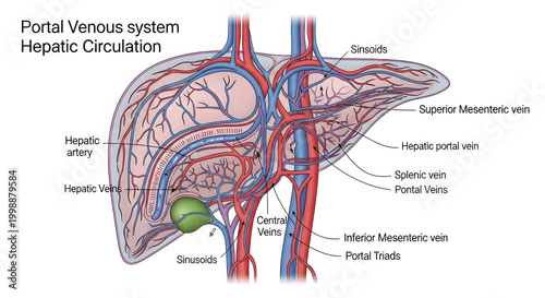 Detailed medical illustration of the human liver's portal venous system and hepatic circulation, showcasing the essential veins and arteries involved in nutrient processing and detoxification
