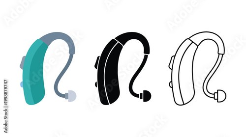 Hearing aid device vector set featuring colorful flat solid black and thin outline style.