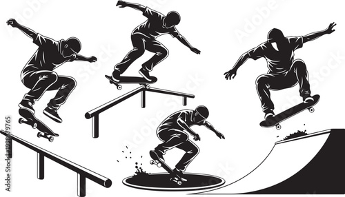 Skateboarder, skateboard, black silhouette, action sports, tricks, stunts, athletic, extreme, vector graphics