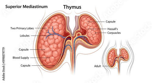 Anatomical illustration of the human thymus gland, detailing its lobes, lobules, and blood supply, with comparison to adult thymus