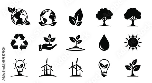Diverse collection of black and white eco friendly icons representing sustainability nature and renewable energy sources including globes with leaves recycling symbols trees water