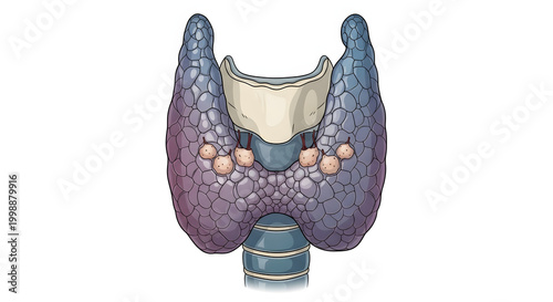 Medical illustration detailing the human thyroid and parathyroid glands, essential parts of the endocrine system regulating metabolism and calcium balance
