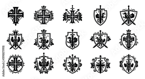 Collection of vintage heraldic emblems featuring shields swords crosses and ornate decorative elements in black and white evoking history and nobility