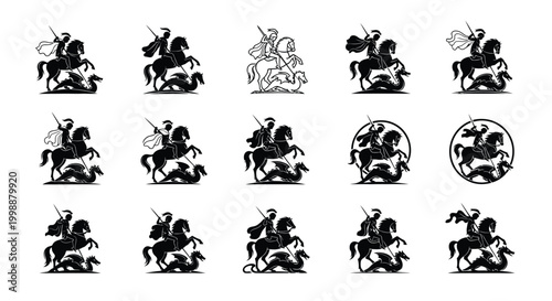 Collection of silhouettes depicting saint george slaying the dragon in various artistic styles and compositions showcasing a classic mythological narrative with dynamic action