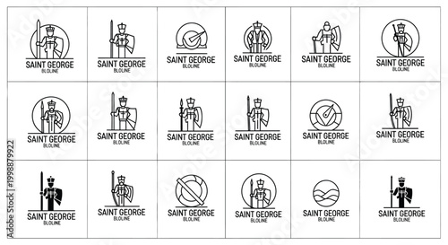 Collection of saint george emblematic line art logos and symbols featuring knight imagery with sword and shield presented in a grid layout for diverse design applications