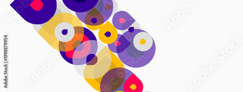 Abstract composition featuring overlapping colorful circles. Shapes vary size, creating dynamic visual pattern. Bright hues dominate white background.