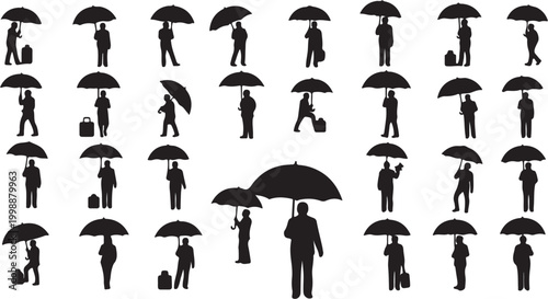 Silhouettes of people with umbrellas walking in the rain.