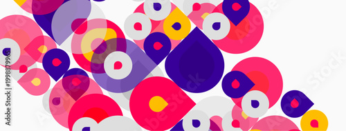 Abstract circles overlap, creating vibrant pink, purple, yellow patterns. White background emphasizes colorful geometric shapes.
