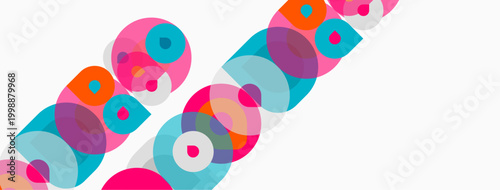Abstract colorful circles overlap, creating dynamic diagonal pattern. Bright hues suggest playful, modern design aesthetic.