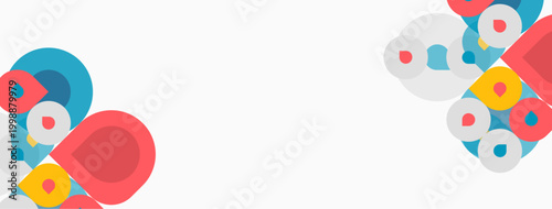 Abstract shapes, circles, squares, vibrant colors dominate white background. Minimalist design, modern aesthetic, playful composition.