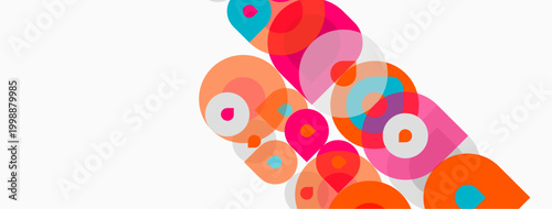 Abstract colorful circles overlap, creating dynamic visual pattern. Bright hues dominate white background. Modern design element.