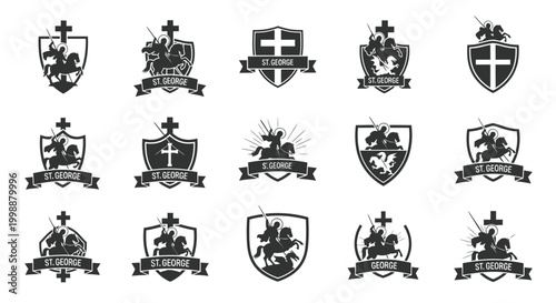 Collection of vintage heraldic crests featuring knights on horseback battling dragons symbolizing courage victory and medieval heritage with cross emblems and ribbon banners