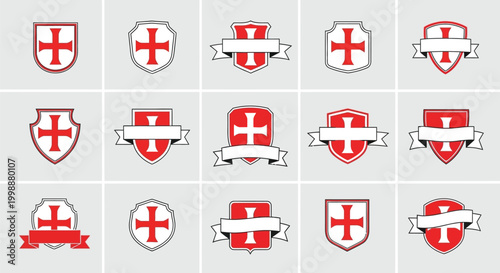 Collection of red cross shield emblems and heraldic badges with blank banners for text representing historical symbols military orders and traditional insignia designs