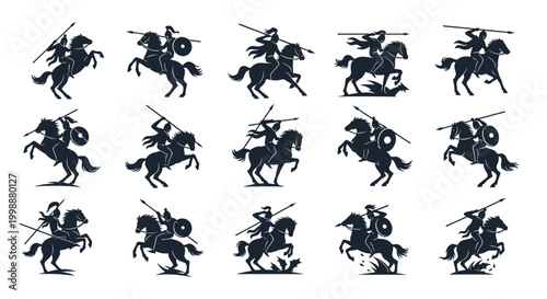 Collection of dynamic silhouette warriors on horseback in action poses illustrating ancient combat and equestrian skill with lances and shields against white background