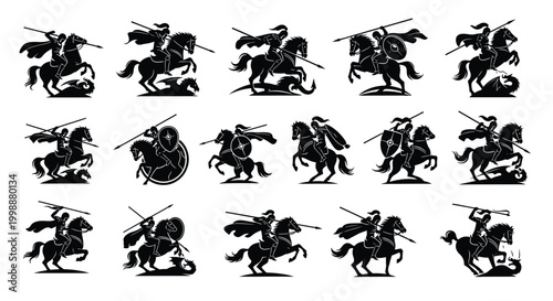 Collection of dynamic silhouette icons depicting knights on horseback in battle poses holding spears and shields representing courage strength and historical combat scenarios