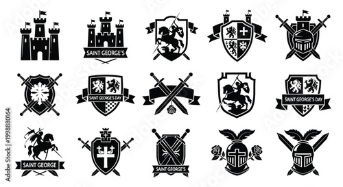 Collection of medieval heraldic emblems featuring castles knights on horseback shields swords helmets and banners with 'saint george' text presented in a clean silhouette style