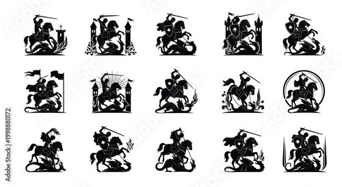 Collection of stylized silhouette illustrations depicting saint george slaying a dragon in various dynamic compositions medieval knight on horseback fighting mythical beast emblem