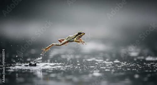 Agile frog caught mid-leap over water, captured in a dynamic macro shot showing motion and splash