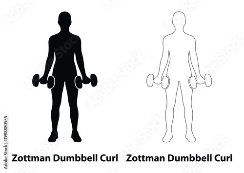 Figure Black Silhouette and Outline Set Performing Zottman Dumbbell Curls for Bicep and Forearm Strength Training Illustration