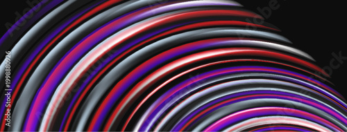 Abstract lines create curved shape. Colors include red, purple, silver, black. Minimalist design, modern aesthetic. Smooth gradients present.