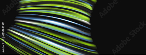 Abstract swirling ribbons, vibrant green, blue hues. Dark background emphasizes dynamic form, creating visual interest.