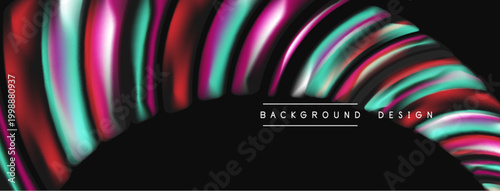Abstract colorful lines form curved shape. Dark background highlights vibrant gradients, creating modern design element.