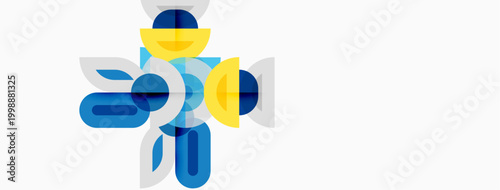 Abstract geometric shapes overlap, creating dynamic composition. Blue, yellow hues dominate white background. Modern design elements present.