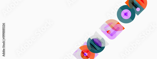Abstract geometric shapes overlap, creating colorful patterns. White background dominates composition. Minimalist design, modern aesthetic.