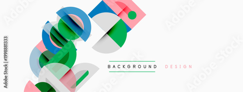 Abstract geometric shapes overlap, creating dynamic composition. Colors include blue, green, pink, gray. Minimalist design for backgrounds.