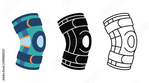 Knee brace support icons set featuring colorful filled silhouette and line art variations.