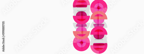 Pink geometric shapes repeat vertically. Circles, squares, lines create abstract pattern on white background. Minimalist design.